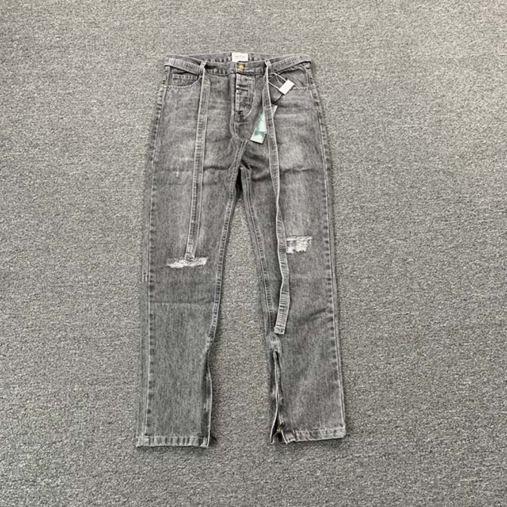 Fear Of God Distressed Zip Ripped Jeans Light Gray
